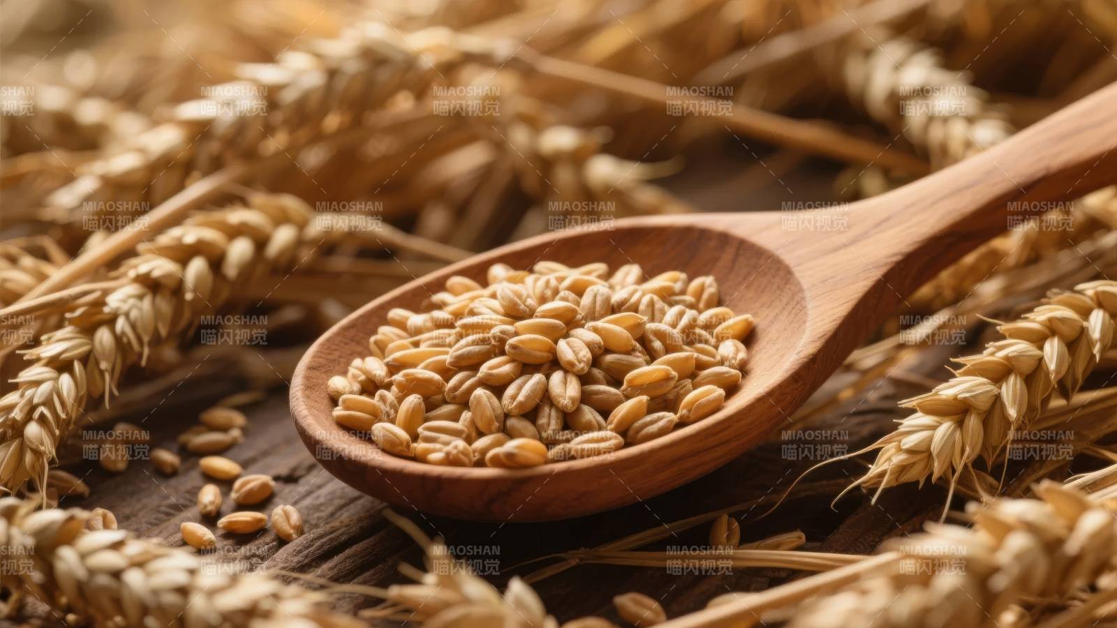 麦穗与木勺中的谷粒图片