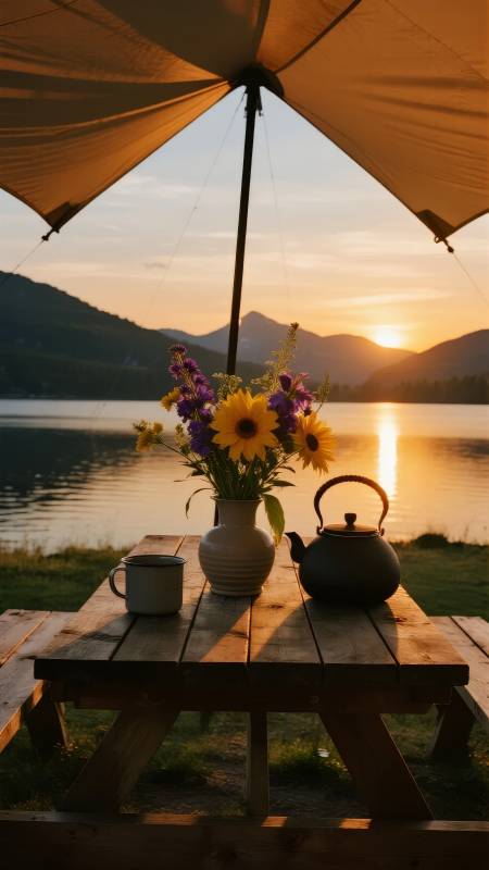 湖畔夕阳茶香图片