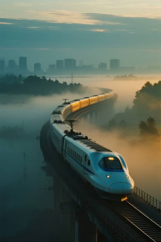 晨雾中的高铁疾驰图片