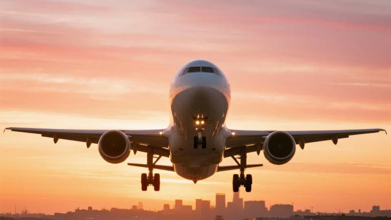 夕阳下的飞机起降图片