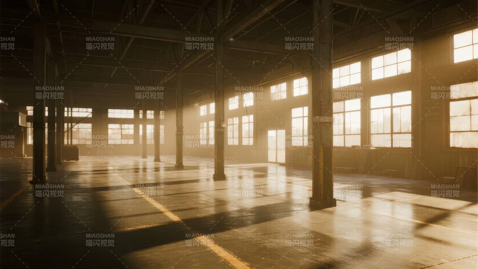 空旷厂房晨光图片