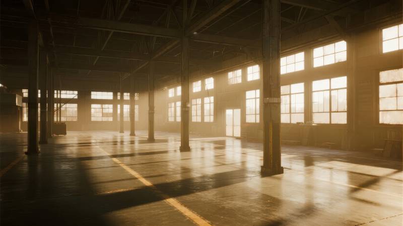 空旷厂房晨光图片