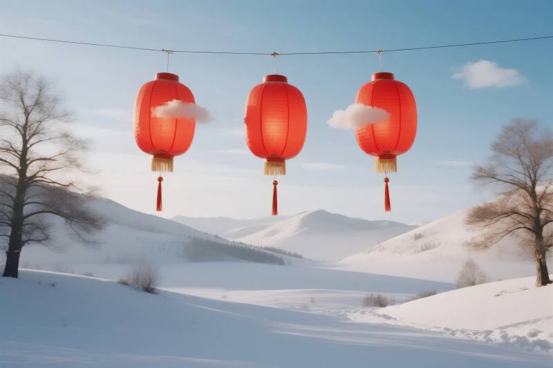 雪原红灯映冬景图片