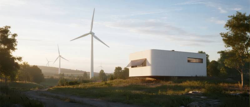 风车旁的现代小屋图片