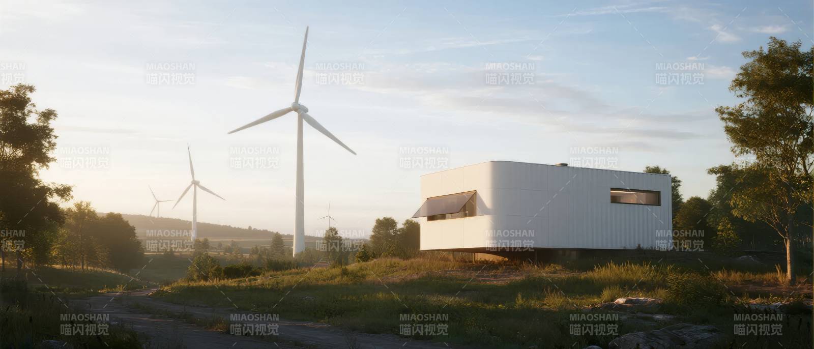 风车旁的现代小屋图片