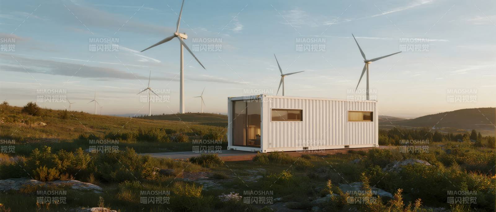 风车旁的集装箱屋图片