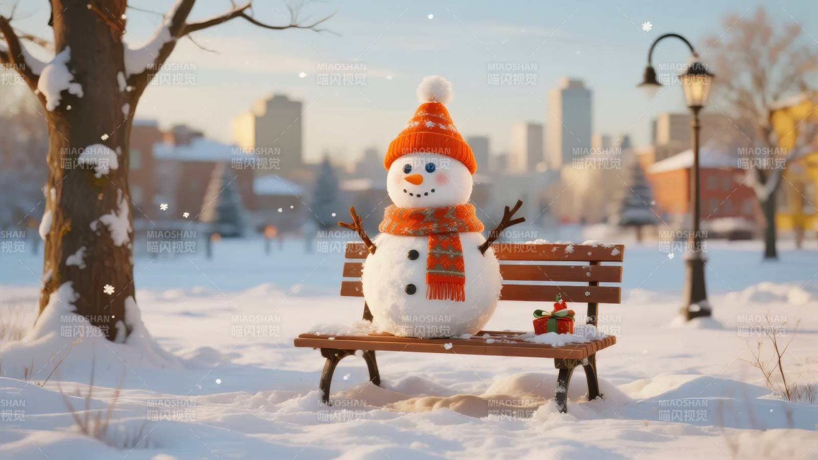 雪人坐长椅图片