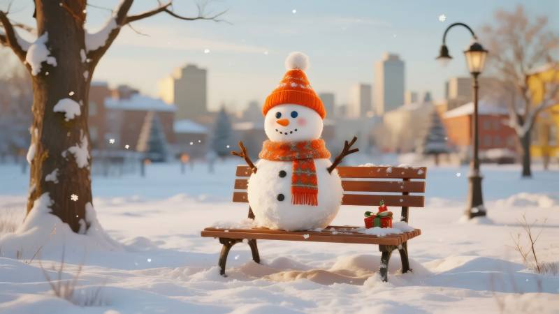 雪人坐长椅图片