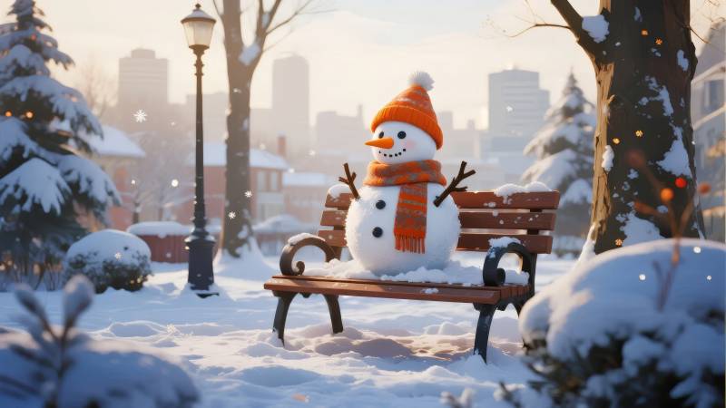 雪人静坐冬日公园图片