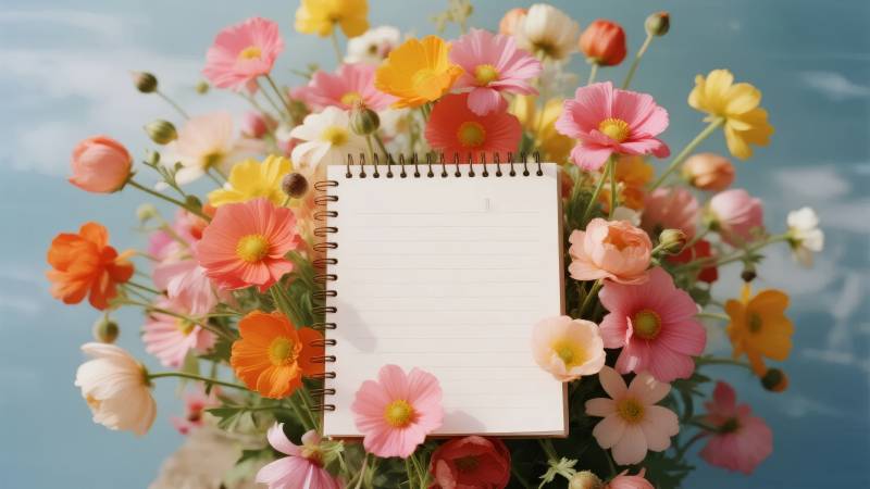 花丛中的空白记事本图片