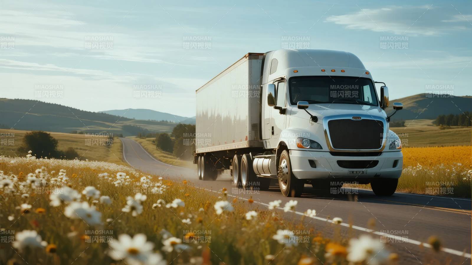 卡车驰骋花海公路图片