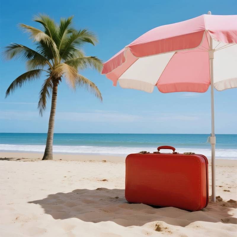 沙滩上的红色行李箱图片