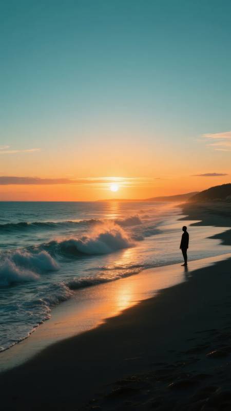 夕阳下的海边剪影图片