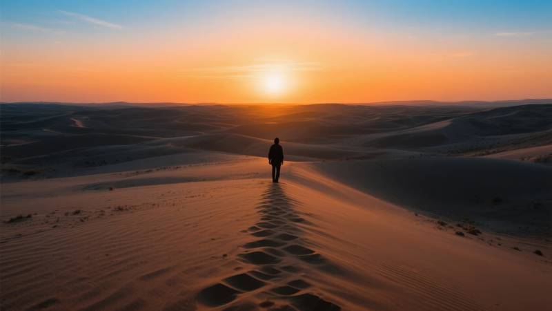 沙漠夕阳行者图片
