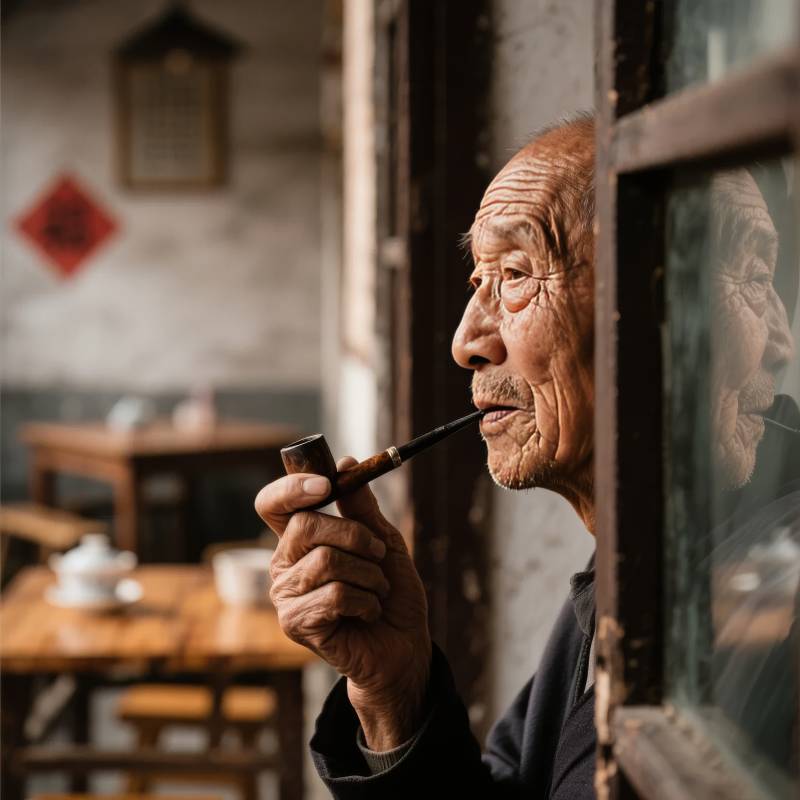 老者窗边品烟图片