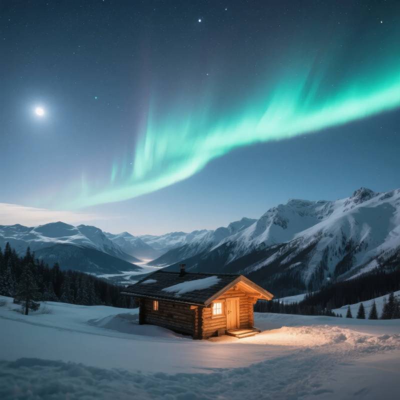 极光下的雪屋图片