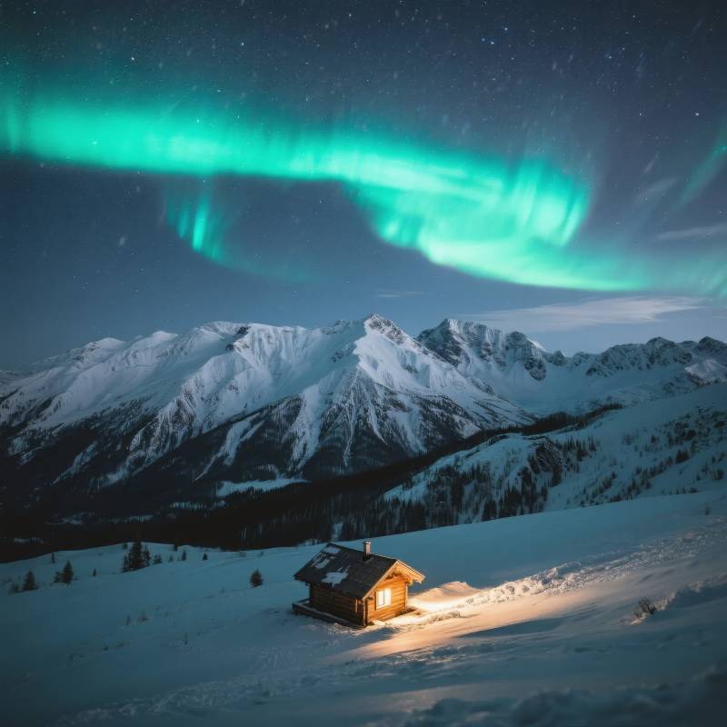 极光下的雪屋图片