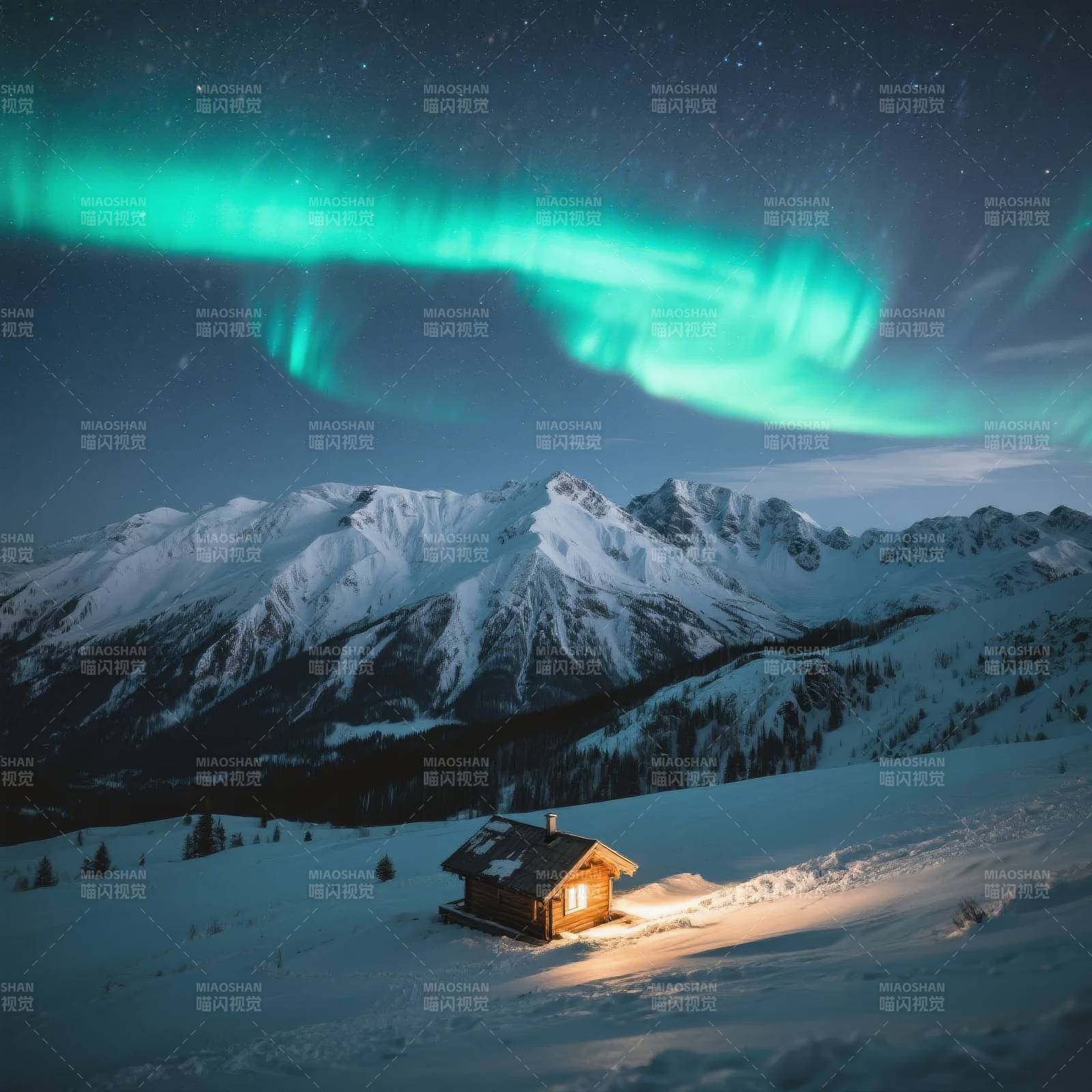 极光下的雪屋图片