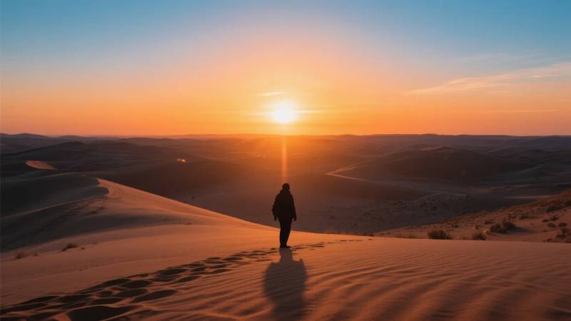 沙漠日落行者图片