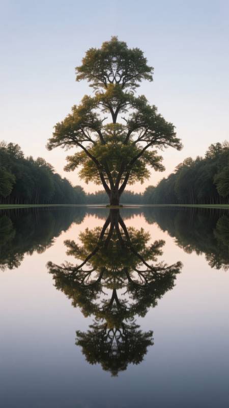 树影倒映湖中图片