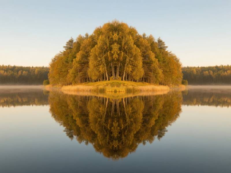 湖心秋林倒影图片