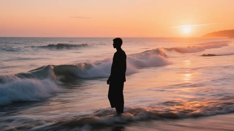 夕阳下的海边剪影图片