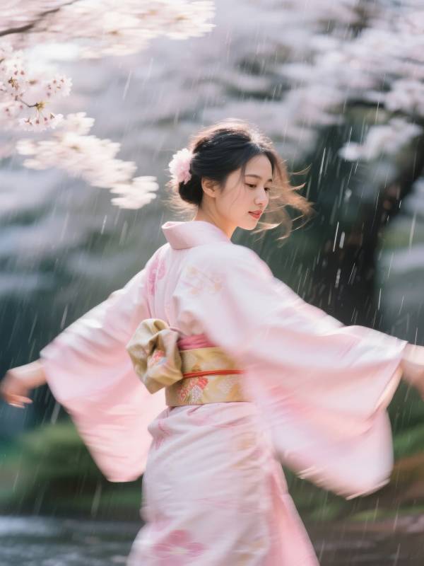 樱花雨中舞和服图片