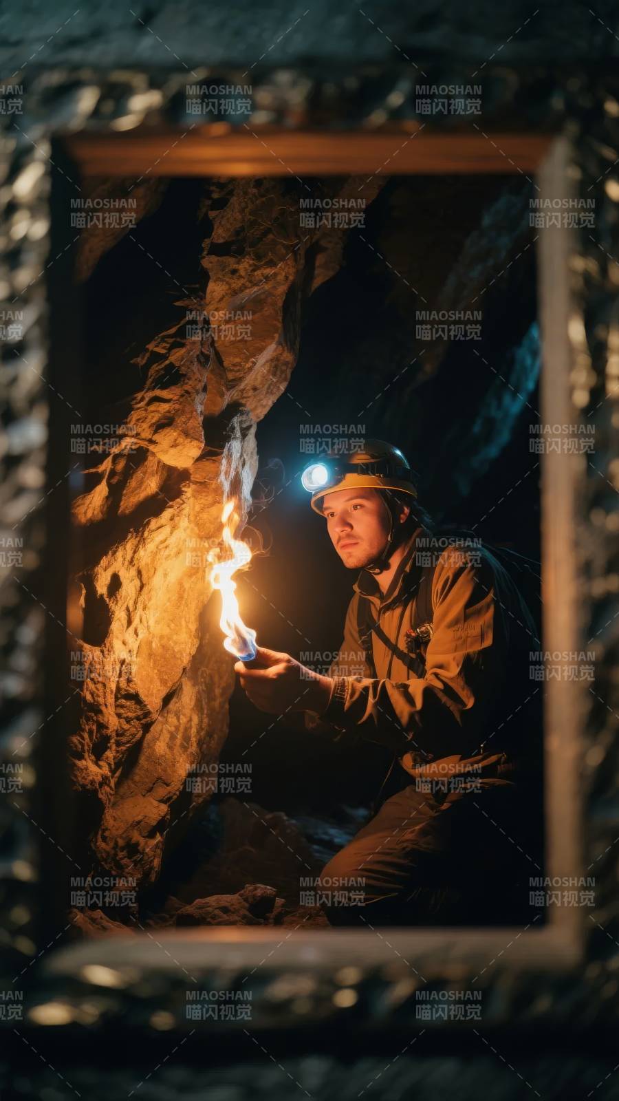 洞穴探险者持火图片