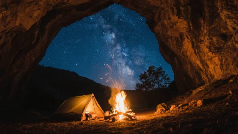 洞穴星空露营夜图片