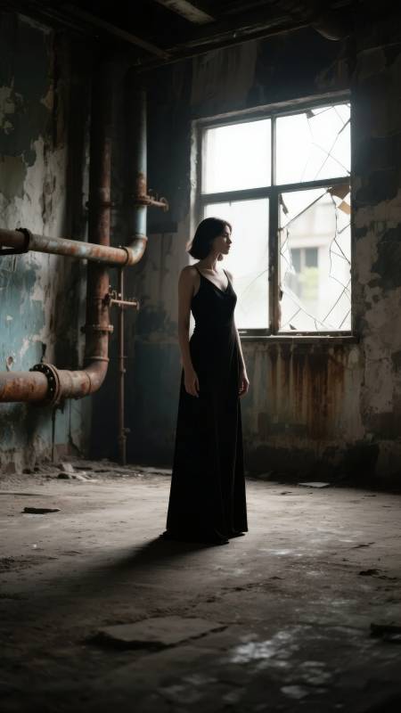 废墟中的黑裙女子图片