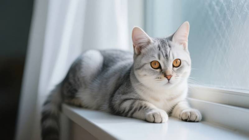 窗边灰白猫凝视图片