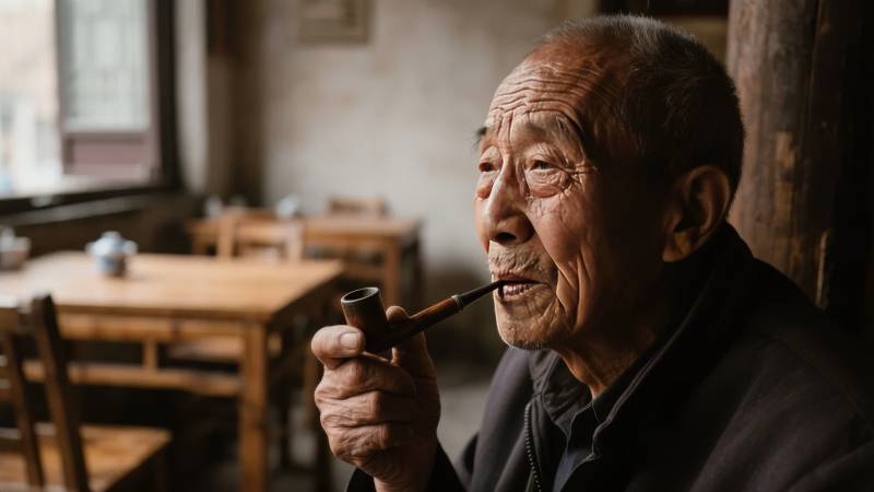 老人品烟静思图片