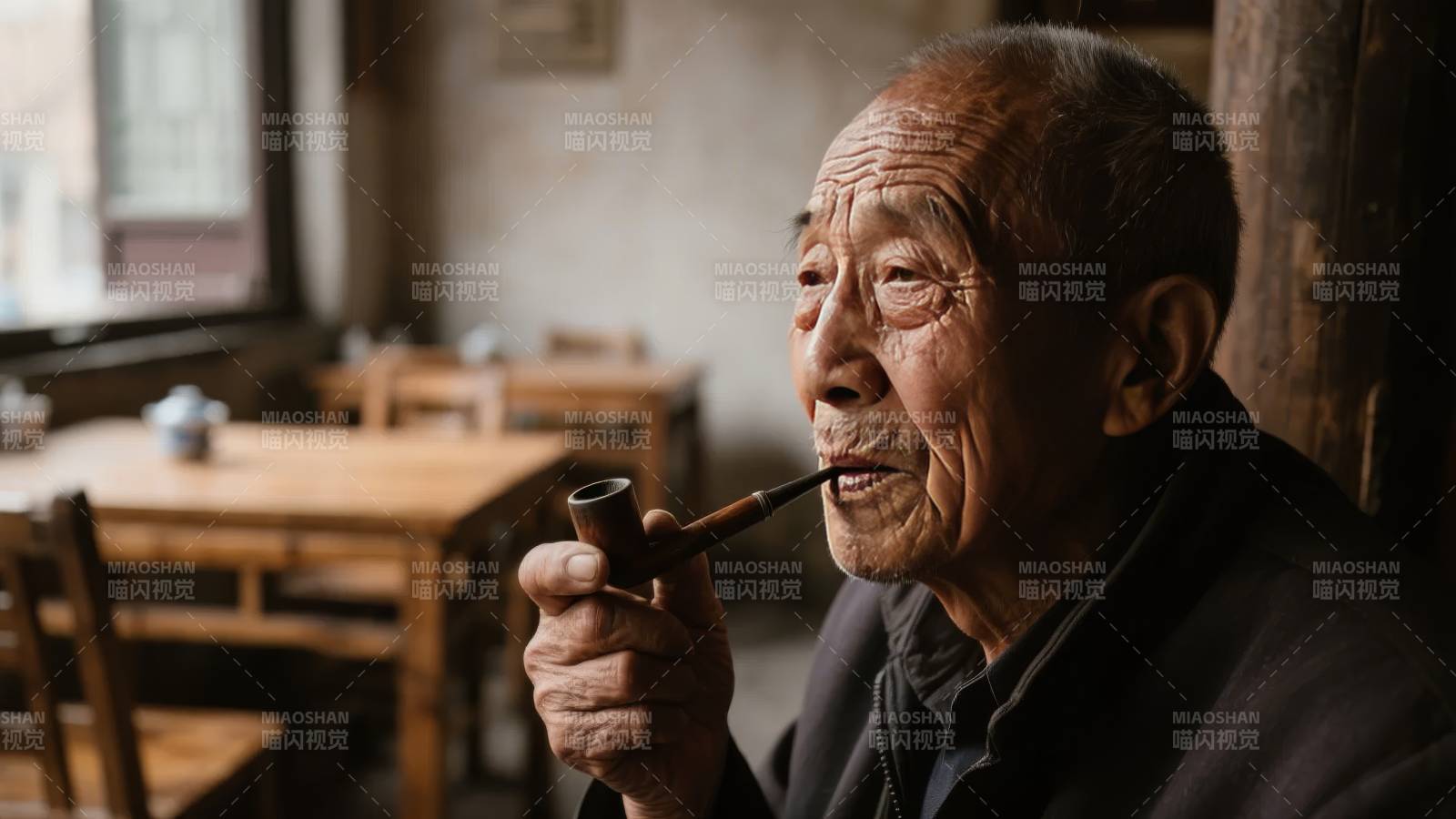 老人品烟静思图片