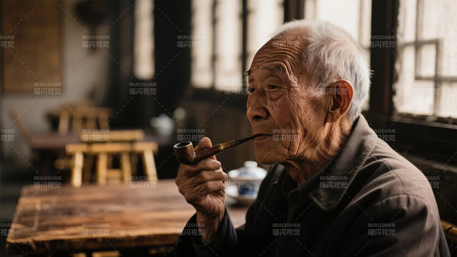 老者品烟静思图片