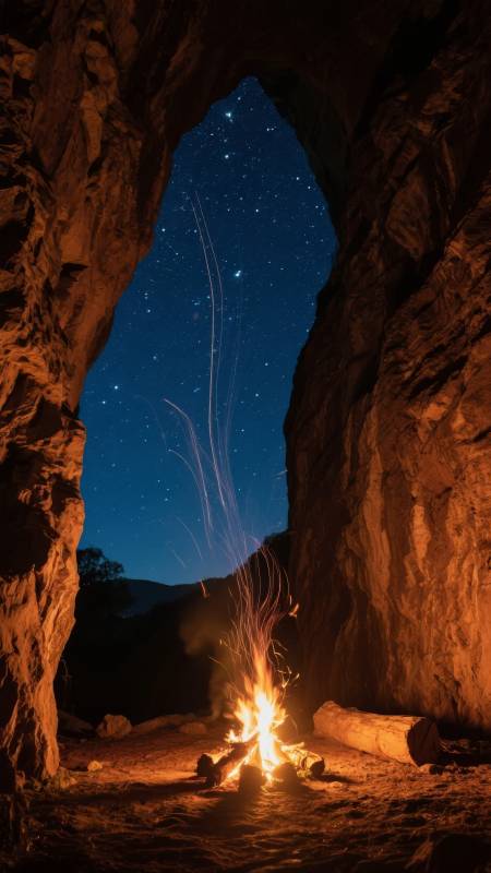 洞穴篝火星空夜图片