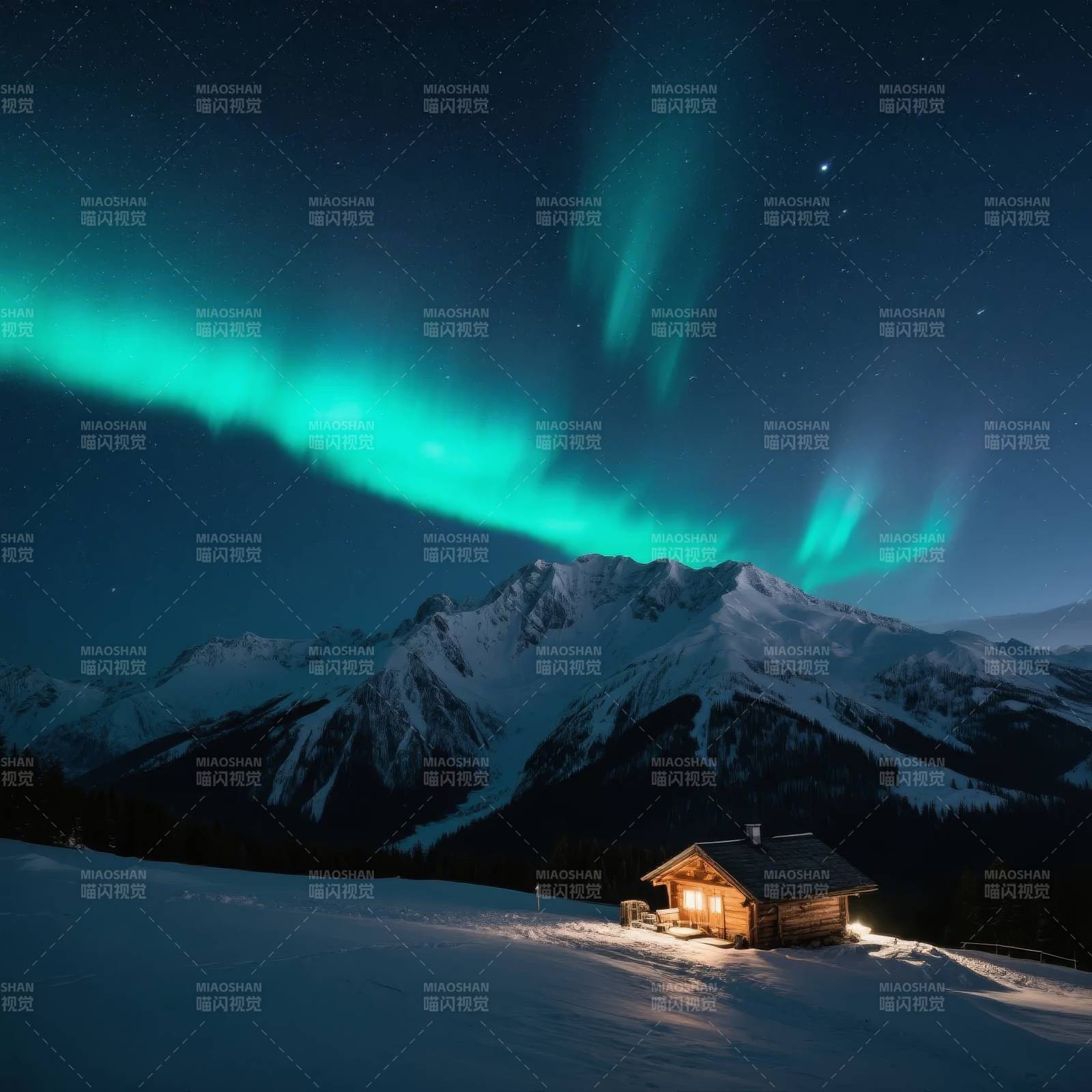 极光下的雪屋图片