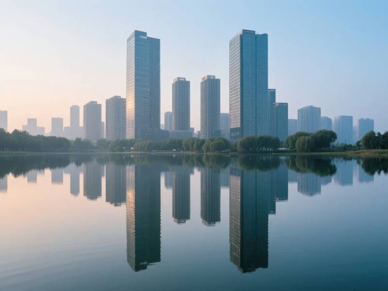 城市倒影湖畔图片