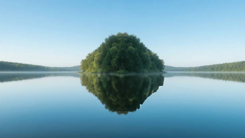 湖心绿岛倒影图片