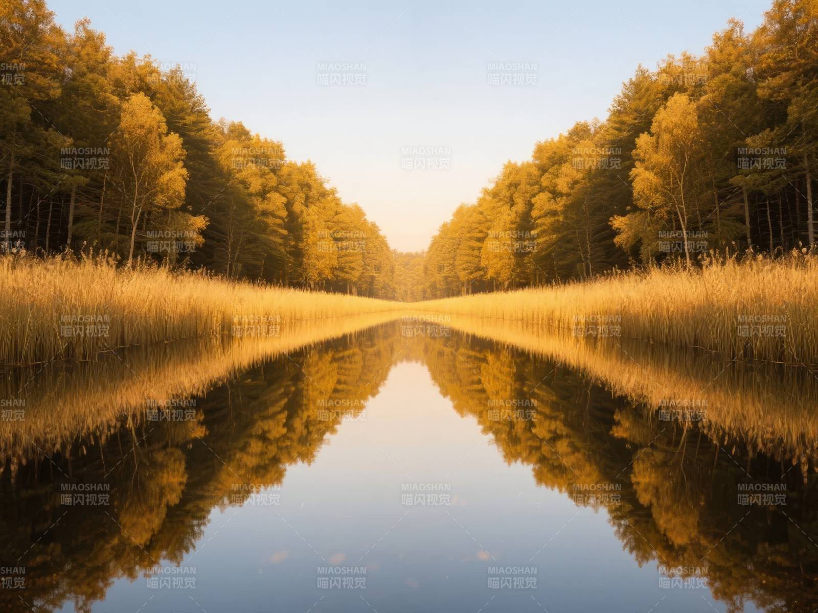 秋林倒影静湖图片