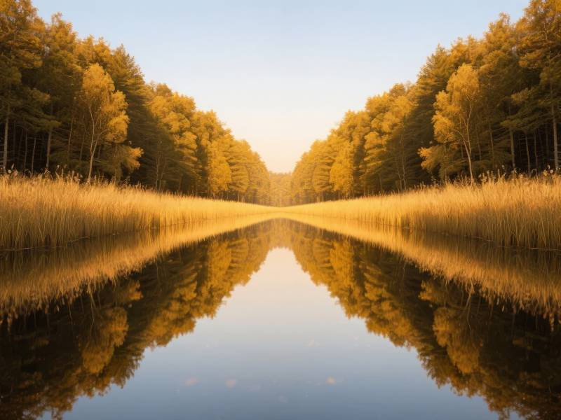 秋林倒影静湖图片