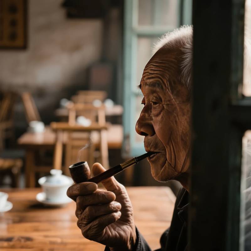 老者品烟静思图片