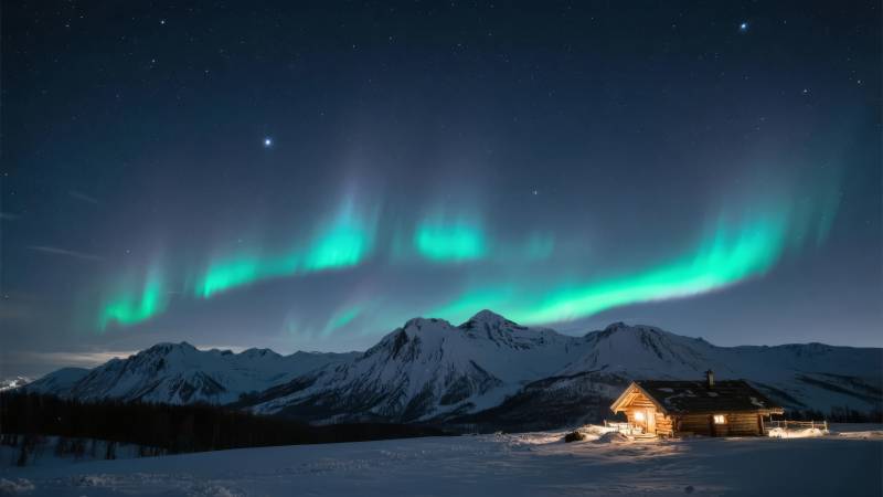 极光映雪夜山居图片