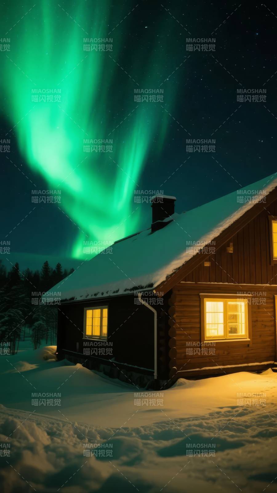 极光下的雪屋图片