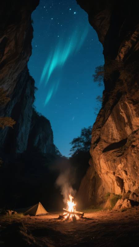 洞中篝火映极光图片