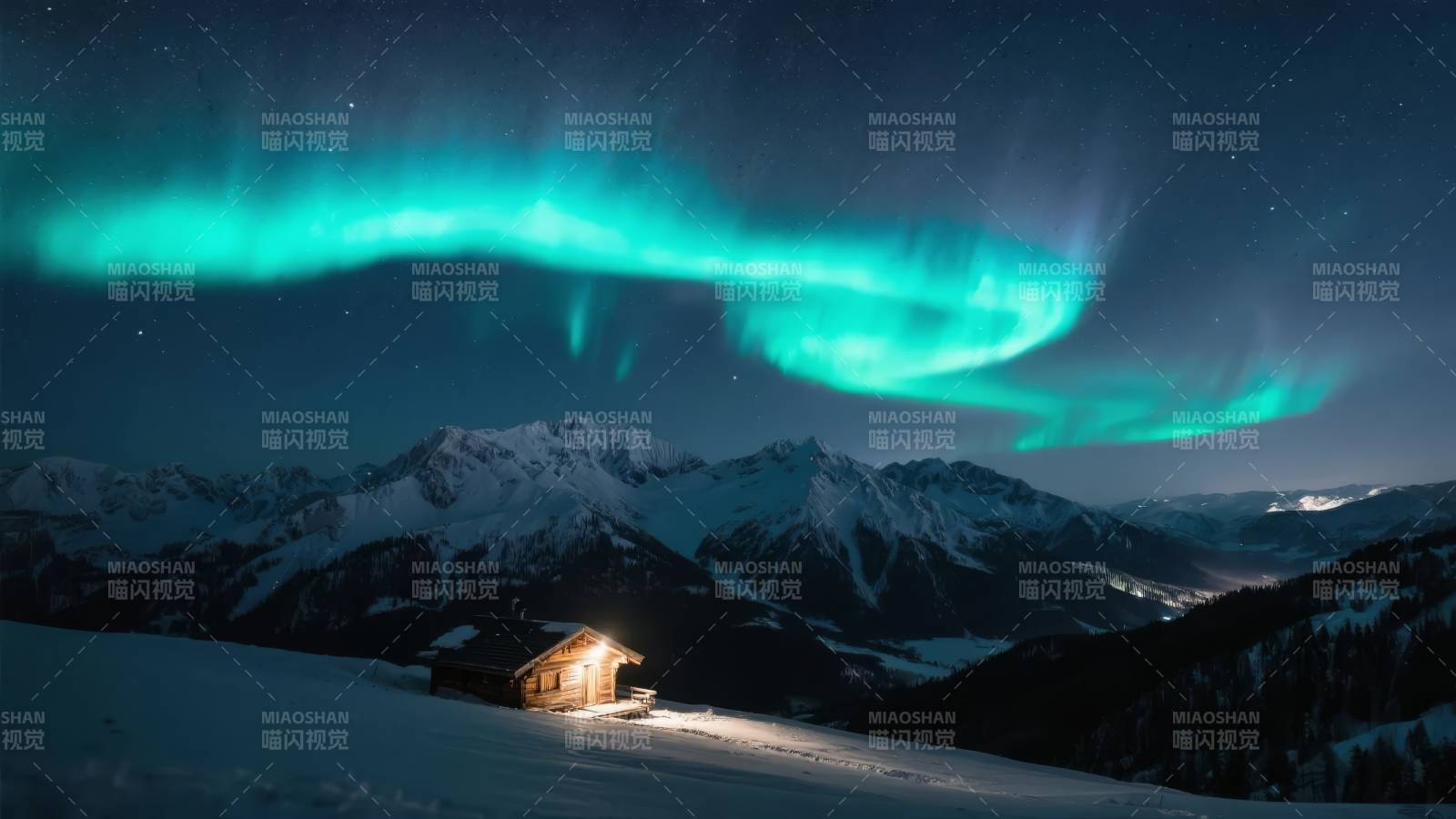 极光映雪夜小屋图片