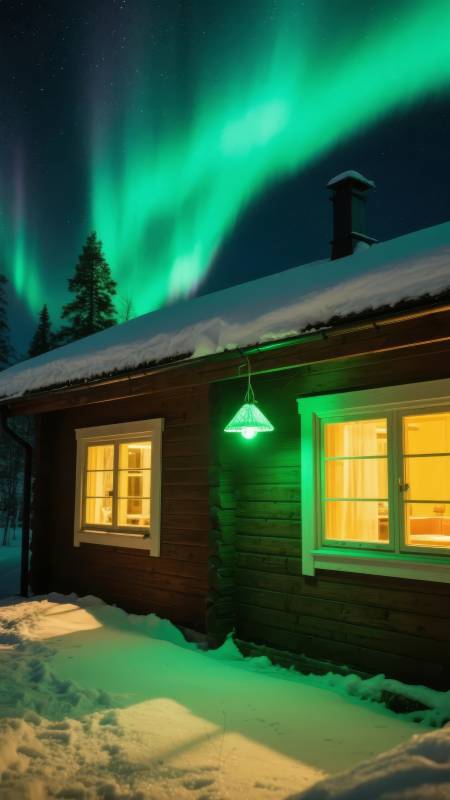 极光下的木屋夜景图片
