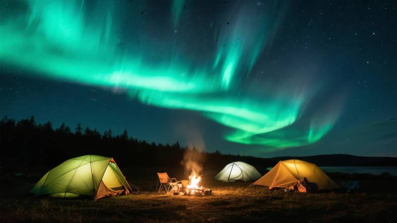 极光下的露营夜图片