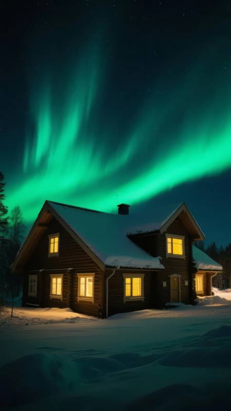 极光下的雪屋图片