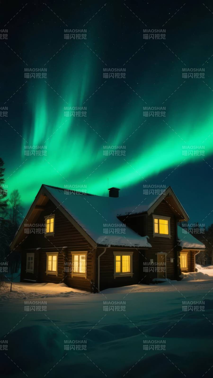 极光下的雪屋图片
