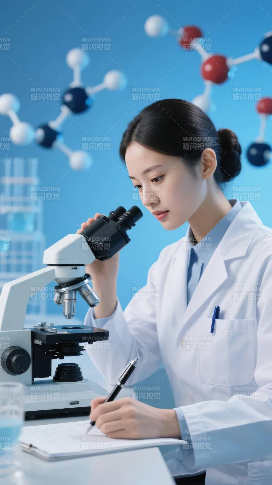 科研女性专注显微镜图片